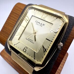 OMAX Gold-Tone Square Quartz Analog Watch with Mesh Bracelet